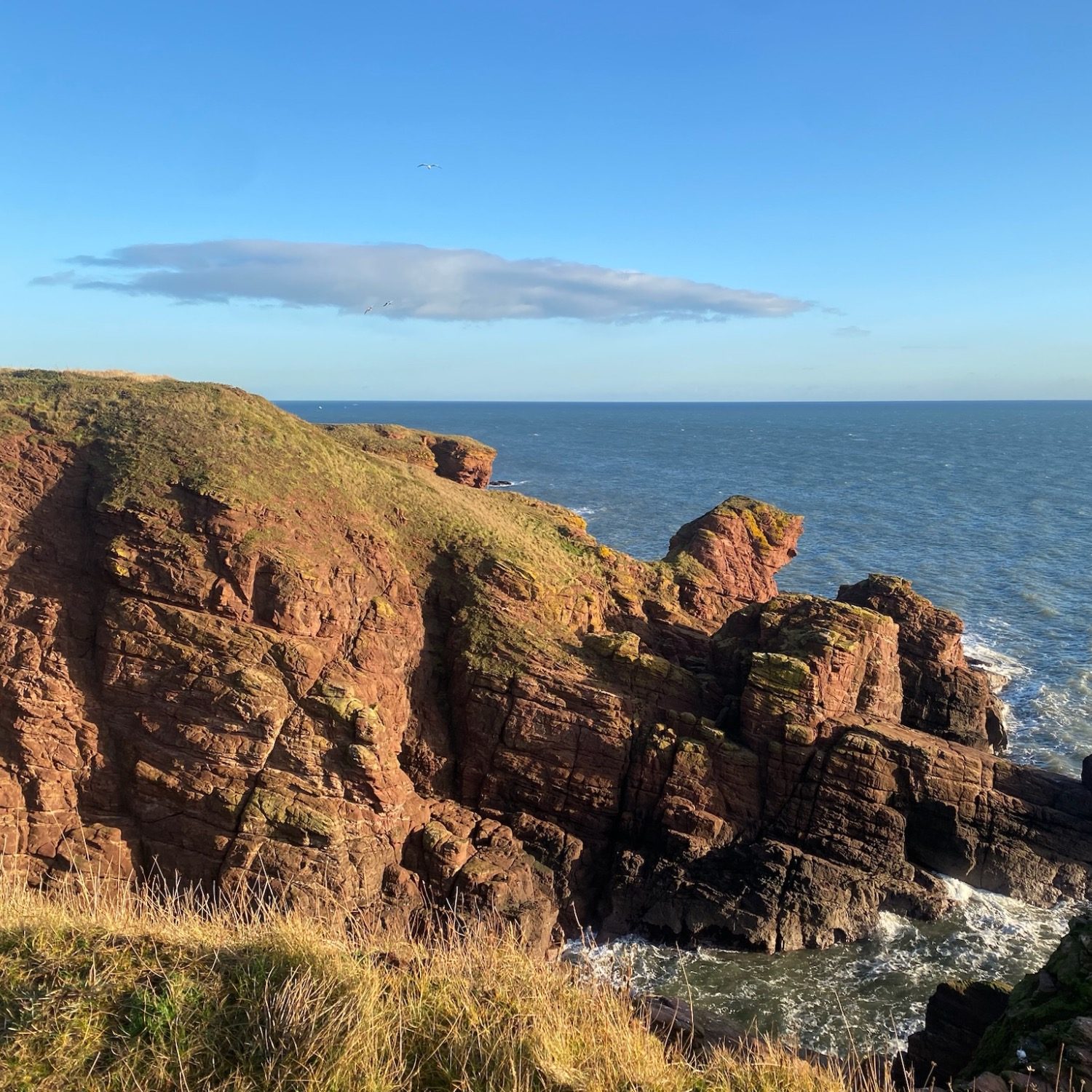 Breathtaking scenery along the Arbroath cliffs.  Cliffs and seas crashing with stunning rock formations.